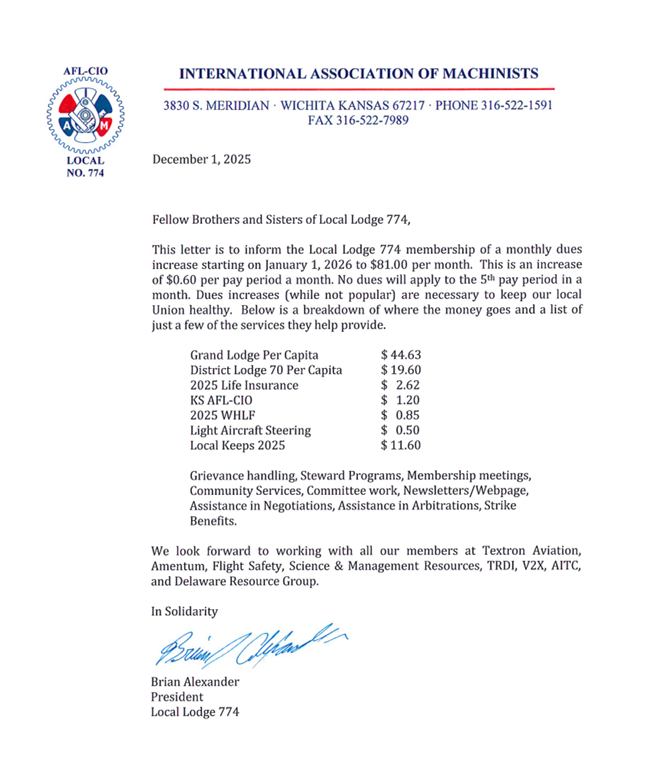 Ltr. Dues Increase 2025